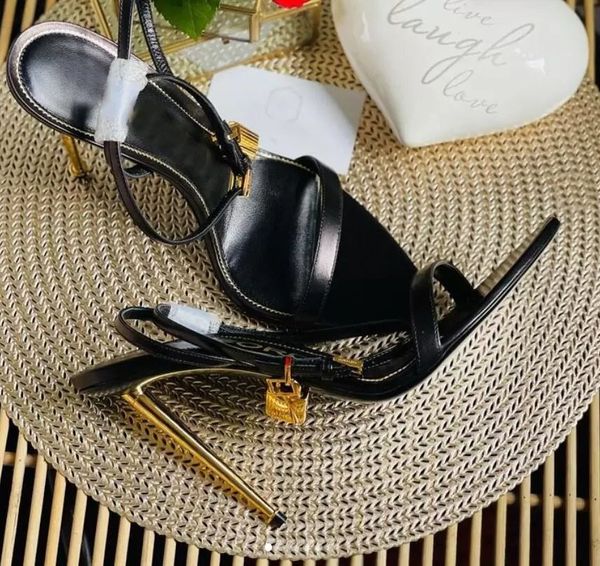 

luxury fashion brand woman sandal queen shoes toms padlock metallic leather sandals pointed toe naked sandals designer high heeled, Black