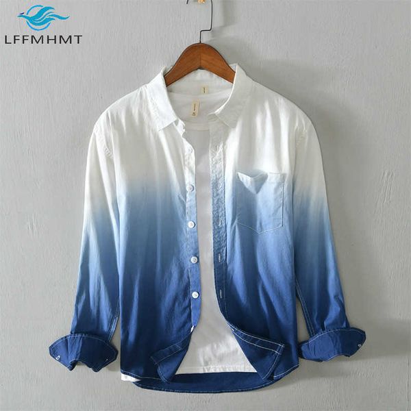 

men's casual shirts men spring autumn gradient color cotton shirts male japan style harajuku lapel long sleeve business casual slim fit, White;black