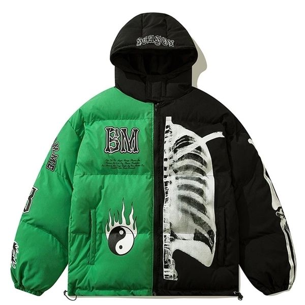

mens down parkas mens women winter parka jacket yin yang skeleton print streetwear outwear harajuku padded jacket hooded loose couples warm, Black