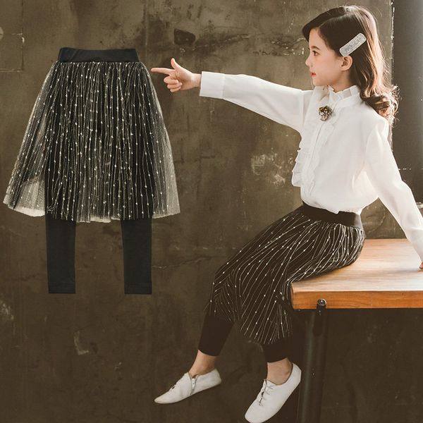 

leggings tights children pants for girls fashion skirt half skirt fake two pieces shiny black 4 11t 221006, Blue
