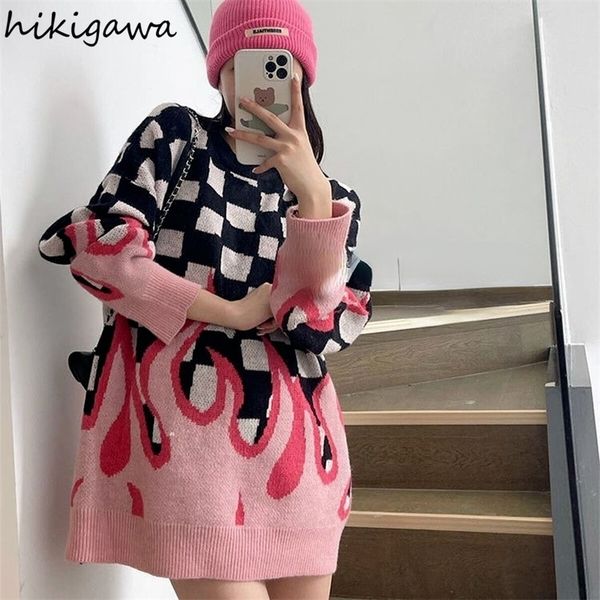 

women's sweaters hikigawa autumn fashion sweater for women chic flame jacquard knitted oversized pullovers korean streetwear bf plaid j, White;black