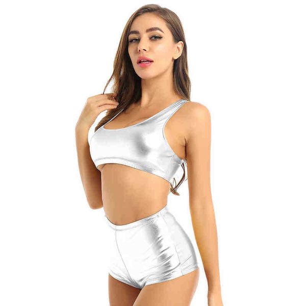 

women's tracksuits womens shiny metallic rave party fitness sports gym outfit u neck sleeveless racer back vest crop with pants shorts, Gray