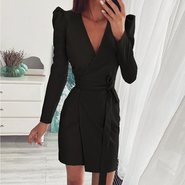 

work dresses autumn vneck pleated belt women's black harajuku slim mini ladies bodycon office profession 221006, White;black