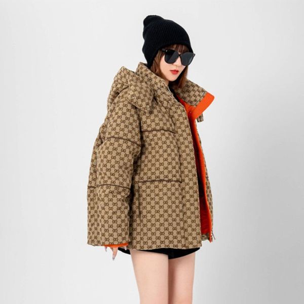 

women's jackets white down cotton jacket letter loose warm hooded women designer brand 2022 new fashion ladies bread jacket, Black;brown