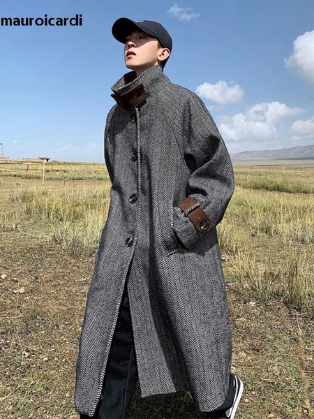 

men's wool blends mauroicardi autumn winter long oversized herringbone woolen trench coat men single breasted loose european fashion 22, Black