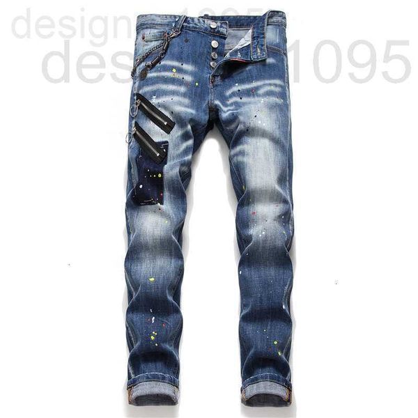 

men's jeans designer new wash and paint splashing cat beard slim stretch jeans small feet fashion beggars pants j2x0, Blue