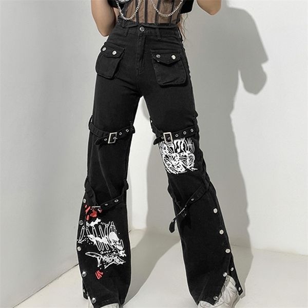

women's pants capris y2k black punk buckle harajuku gothic bandage baggy jeans streetwear pocket goth grunge low waist cargo 221007, Black;white