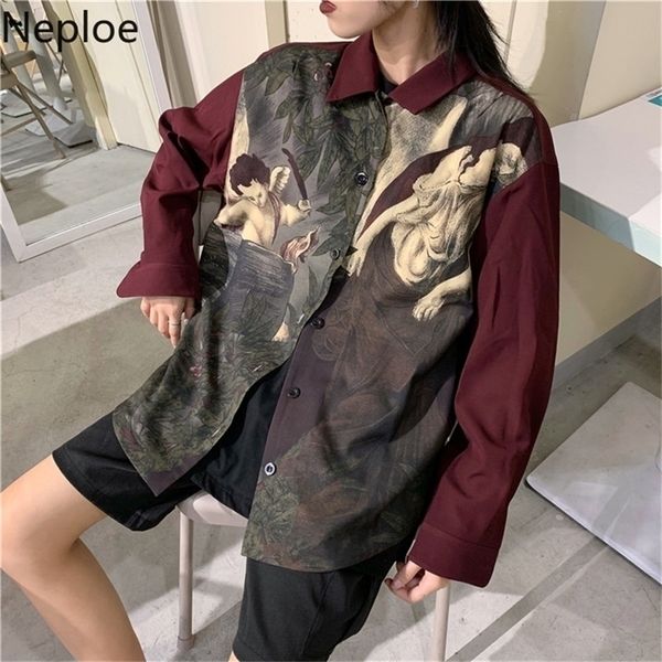 

womens blouses shirts neploe vintage angel print blouse shirt japanese streetwear blusas cardigan long sleeve oversized women men clothes b, White
