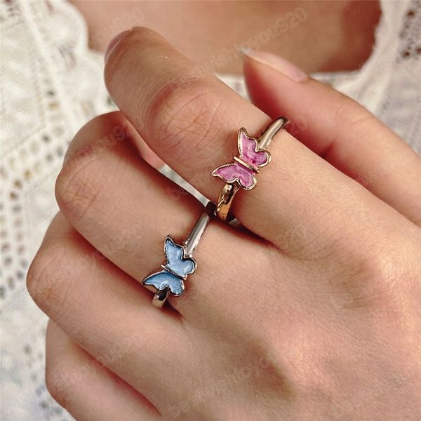 

simple pink and blue butterfly ring for women punk vintage gold color open ring korean fashion wedding jewelry gifts, Silver