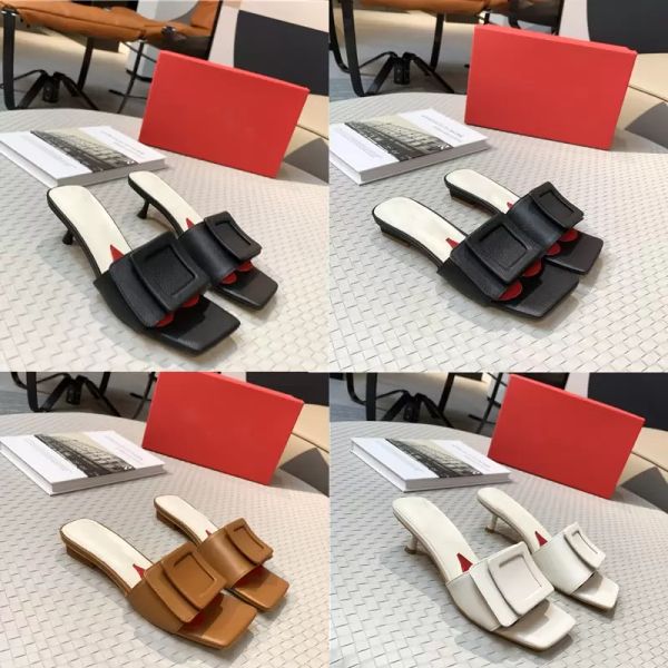 

women sandals slippers flip flop flat slides sandal brand square button leather non-slip low heel cat heels with box, Black