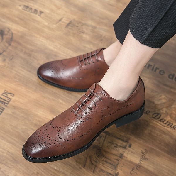 

vegan oxford shoes pointed toe punch men's lace up fashion formal casual shoes largesizes 38-47, Black