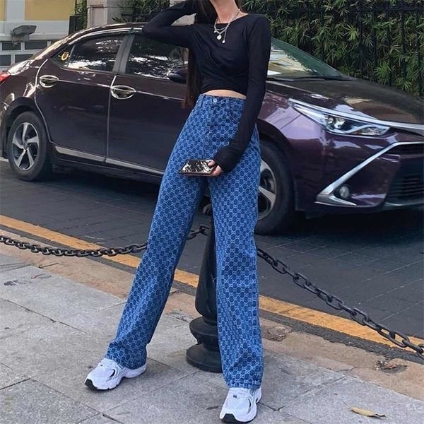 

women's jeans casual argyle y2k woman straight high waist pants capris froll plaid fashion long denim trousers streetwear pantalon femm, Blue