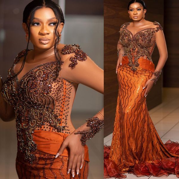 

2022 arabic aso ebi orange mermaid prom dresses beaded crystals lace evening formal party second reception birthday engagement gowns dress z, Black