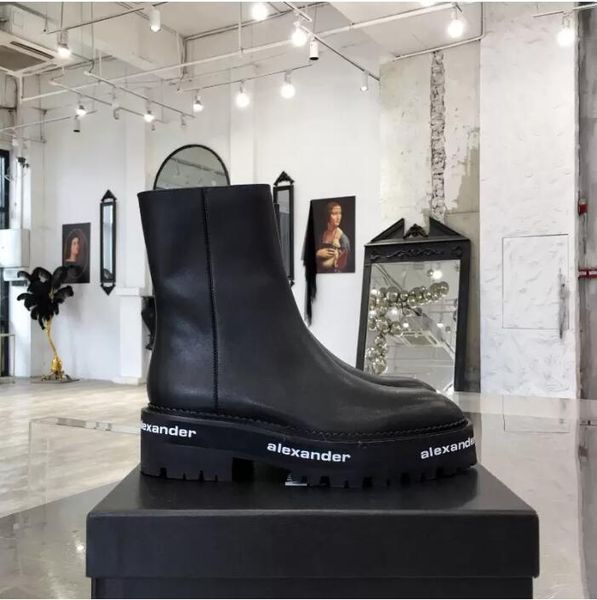 

combat boots flats martin booties designers shoes factory footwear smooth leather riding ankle almond toe slip-on platform luxury alexander, Black