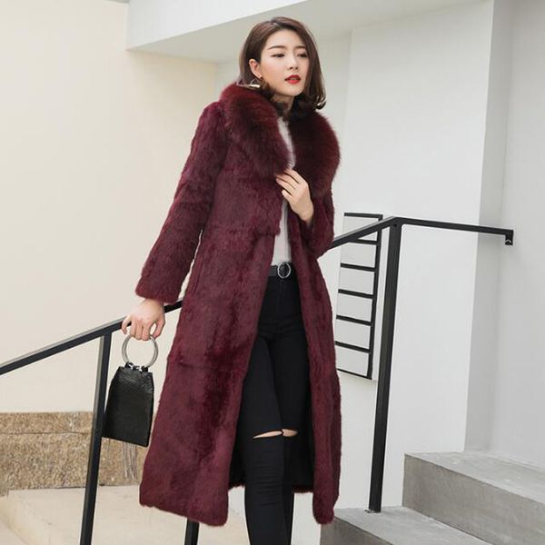 

women's fur faux women long big size real coat natural rabbit overcoat with genuine collar factory price sale sr690 221006, Black