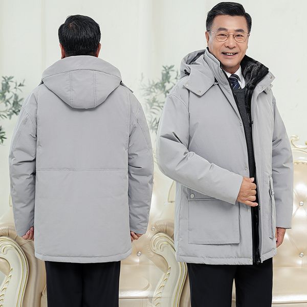 

men's down parkas big size middleaged father men's winter coats men classic casual hooded hat detachable keep warm thickened down, Black