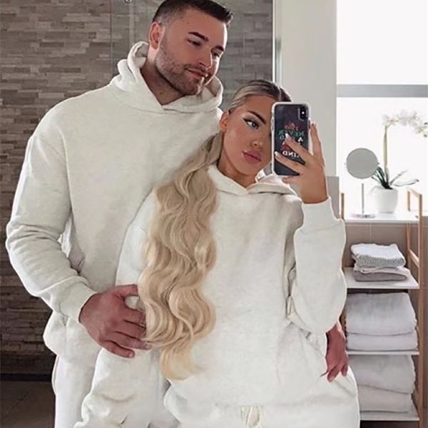 

women's two piece pants winter two piece sets women tracksuit oversized suit men autumn trouser suit male sweatshirt solid sports hoodi, White