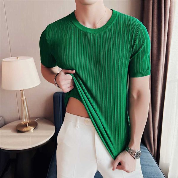 

men's t-shirts 2022 summer knitted t-shirt men round neck short sleeve tee high elasticity slim casual business social bottoming shirt, White;black