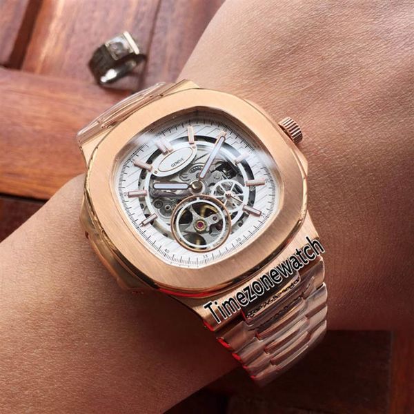 

new nautilus 5712 rose gold white skeleton dial tourbillon miyota automatic mens watch stainless steel watches 10 colors timezonew255k, Slivery;brown