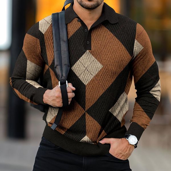 

men's polos spring autumn men polo shirts long sleeves casual diamond lattice 3d printing lapel button pullover fashion tshirt 221006, White;black