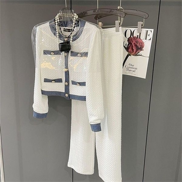 

womens two piece pants elegant two piece set women outfit vintage crew neck long sleeve crop cardigan jacket and wide leg pant suit chic ens, White