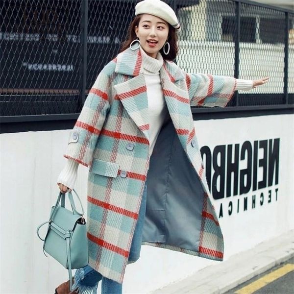 

womens wool blends women jacket winter autumn lapel plaid coat plus size loose jackets warm trench long coat casual overcoat women blend coa, Black