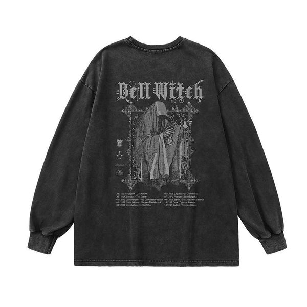 

men's t-shirts ghost print vintage washed long sleeve oversized grunge y2k t shirts men goth tees hip hop streetwear harajuku cotton t2, White;black