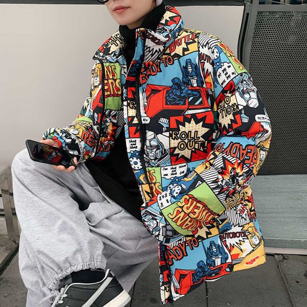 

men's down parkas 2020 hip hop winter men parka casual oversize men warm korean streetwear cartoon print coat men thicken zipper mens j, Black