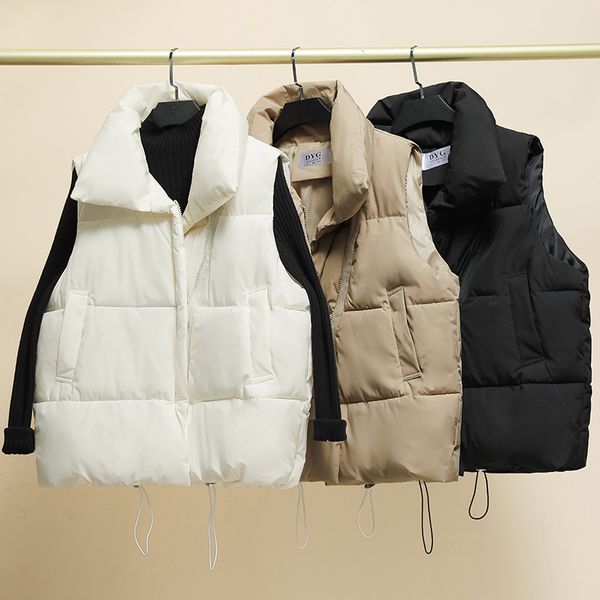 

women's vests korean version of autumn and winter fluffy standup collar wild zipper cottonpadded clothes padded vest jacket women 22100, Black;white