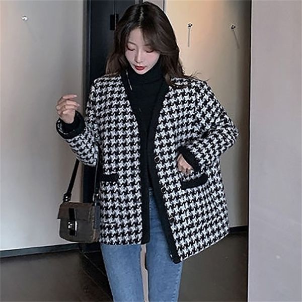 

womens jackets korean style loose tweed jacket women chic blend wool houndstooth coat ladies spring singlebreasted outwear with pockets 2210, Black;brown