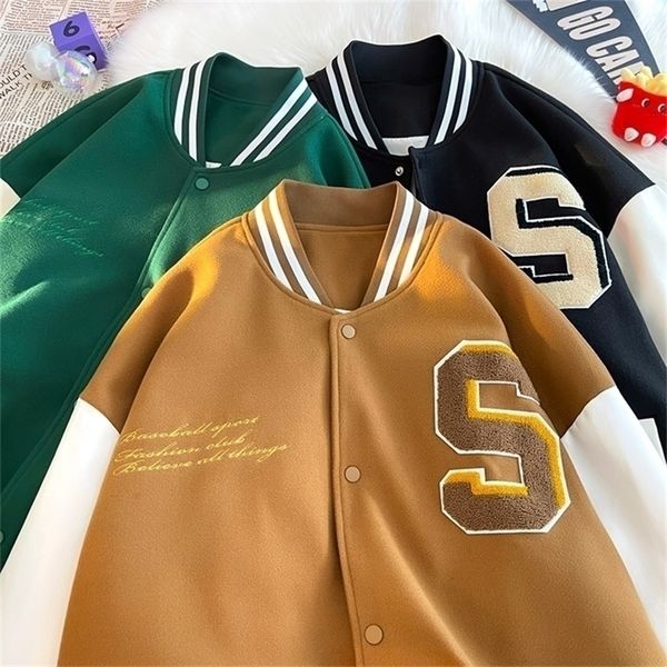 

mens jackets retro letter s embroidered baseball uniform women autumn loose couple street winter bomber jacket men 221006, Black;brown