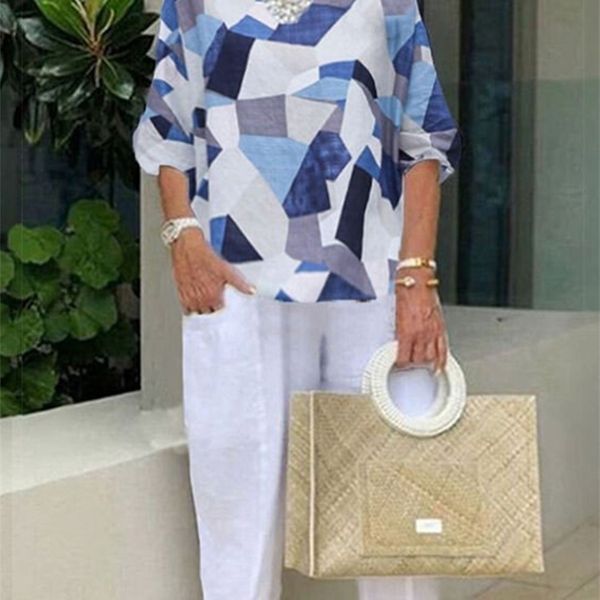 

women's two piece pants ladies spring summer casual print 2 piece retro short sleeve o neck pullover and pocket solid trousers suit wom, White