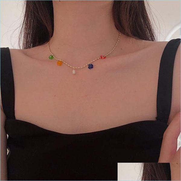 

chokers choker fashion candy color glazed flower pendant gold beaded metal necklace for women girls jewelry accessories 3392 q2 drop dherq, Golden;silver