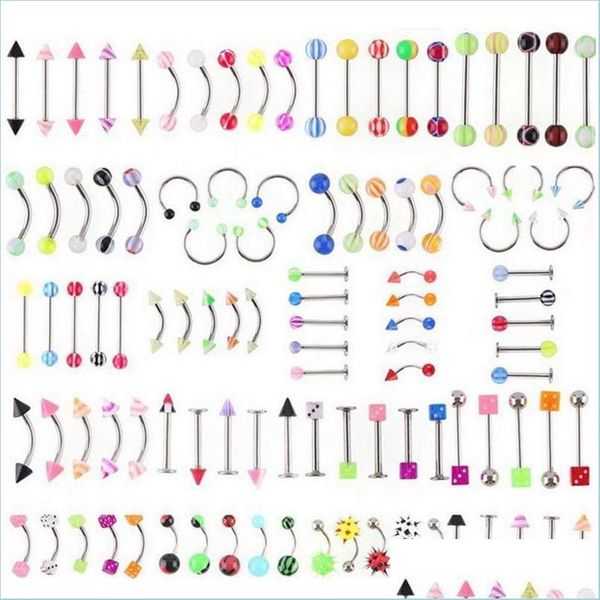 

navel bell button rings wholesale promotion 110pcs mixed models/colors body jewelry set resin eyebrow navel belly lip tongu bdedome dhw9n, Silver