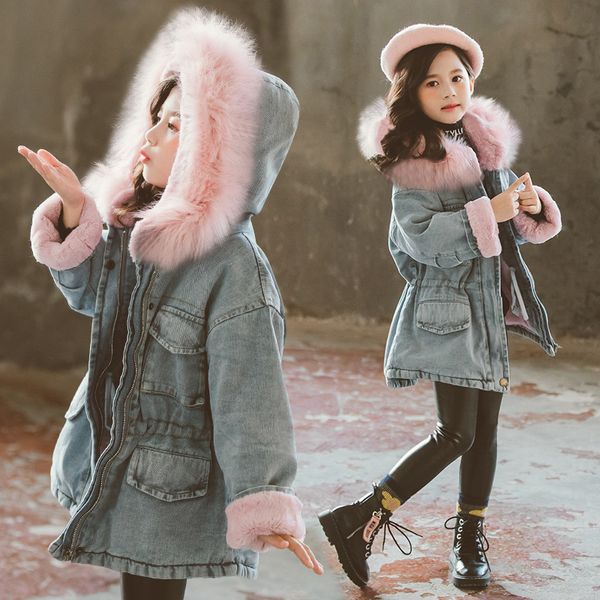 

down coat girls winter denim jackets plus velvet hooded fur collar outerwear 6 8 10 years kids clothes baby thick s 221007, Blue;gray