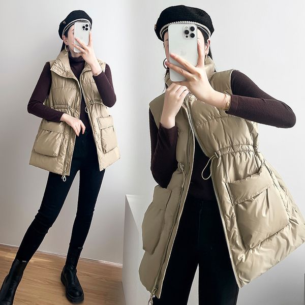 

women's vests european and american style vest plus fat waist large pocket medium and long vest stand collar loose down cotton vest 221, Black;white