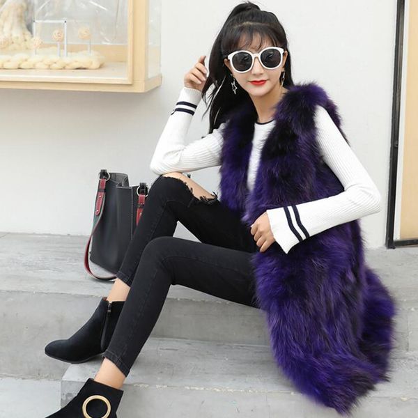 

women's fur faux lady 100 natural long oversize v neck vest for women low sale drop real gilet female coat sr799 221006, Black