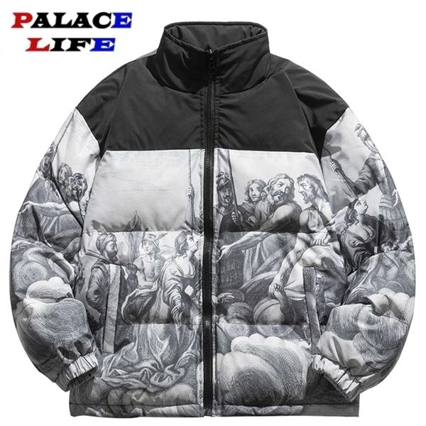 

men's down parkas winter thicken warm padded parka men patchwork vintage mural print jacket streetwear harajuku oversized coat outwear, Black
