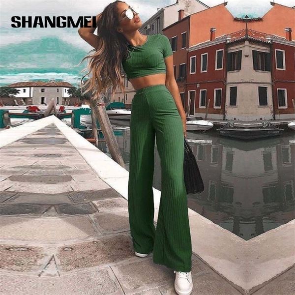 

women's two piece pants fashion women sets casual solid rib knit short sleeve crop high waist wide leg pants suits lady tracksuit loung, White
