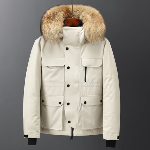 

men's down parkas real fur collar fashion winter down jacket men parkas multipocket white duck down coat hooded black white thick warm