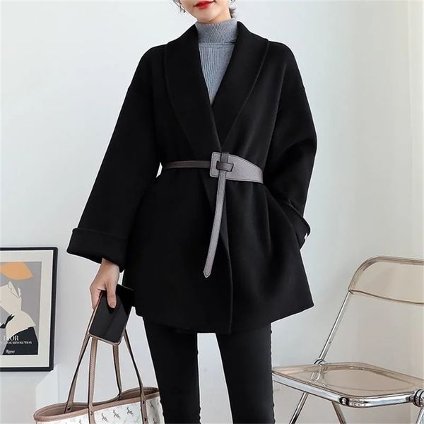 

womens jackets vintage slim blend wool jacket women korean fashion solid color coat female elegant autumn outwear with belt office lady 2210, Black;brown