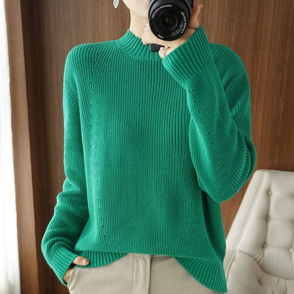 

women's knits tees fallwinter ladies halfhigh collar sweater 100 cotton warm pullover casual knit solid color thickening women jacket, White