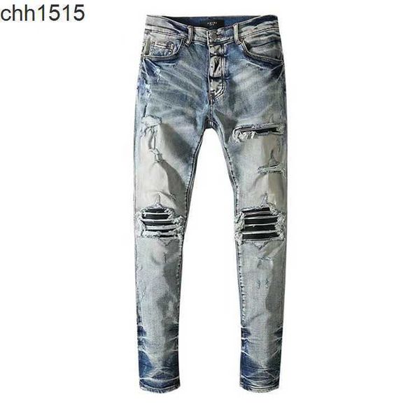 

amirs new locomotive men's jeans slim straight knee hole elastic men's pants, Blue