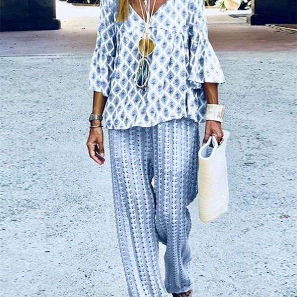 

women's two piece pants men's tracksuits zanzea summer bohemian suits two piece sets floral printed pant v neck 3 4 sleeve blouse, White