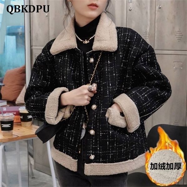 

womens jackets plus velvet thick lambswool black tweed cropped jacket women korean lapel winter warm vintage coat fall elegant fleece outerw, Black;brown