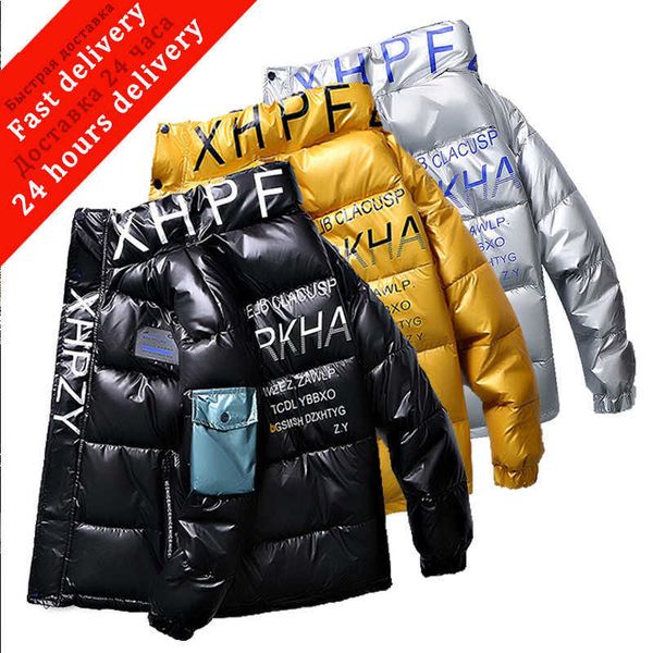 

men's down parkas glossy winter jacket men thick warm parkas stand collar waterproof jackets short fashion parka cotton men jacket outw, Black