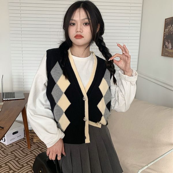 

women's vests autumn fashion elegant waistcoat women casual plaid sweater vest sleeveless student pullover v neck street wear cardigan, Black;white
