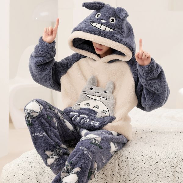 

men's sleepwear winter thick plush pajamas for men cute fleece pajama sets male coral velvet warm flannel clothes home suit 221007, Black;brown