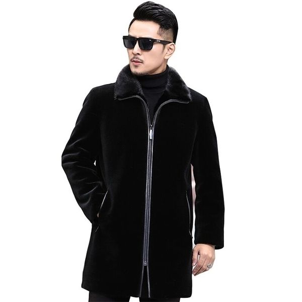 

mens fur faux mink coat imitation sheep shear mens midlength leisure windbreaker middleaged jacket 2201006, Black