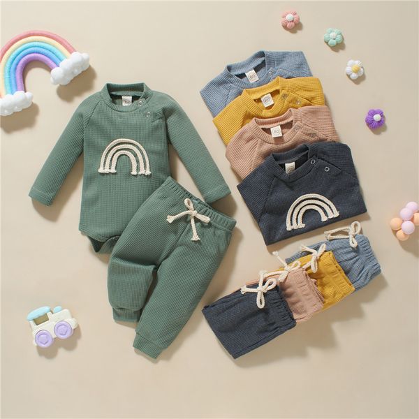 

clothing sets 5 colors toddler infant baby boy girls casual outfits rainbow print plaid knitted long sleeve rompers pants 2pcs born clothes, White